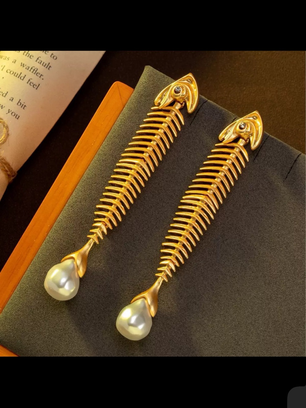 Gold Fishbone Drop Earrings with Pearl Teardrops